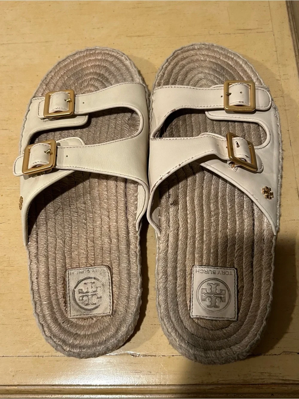 Tory Burch cream leather double buckle slide espadrilles in size 11